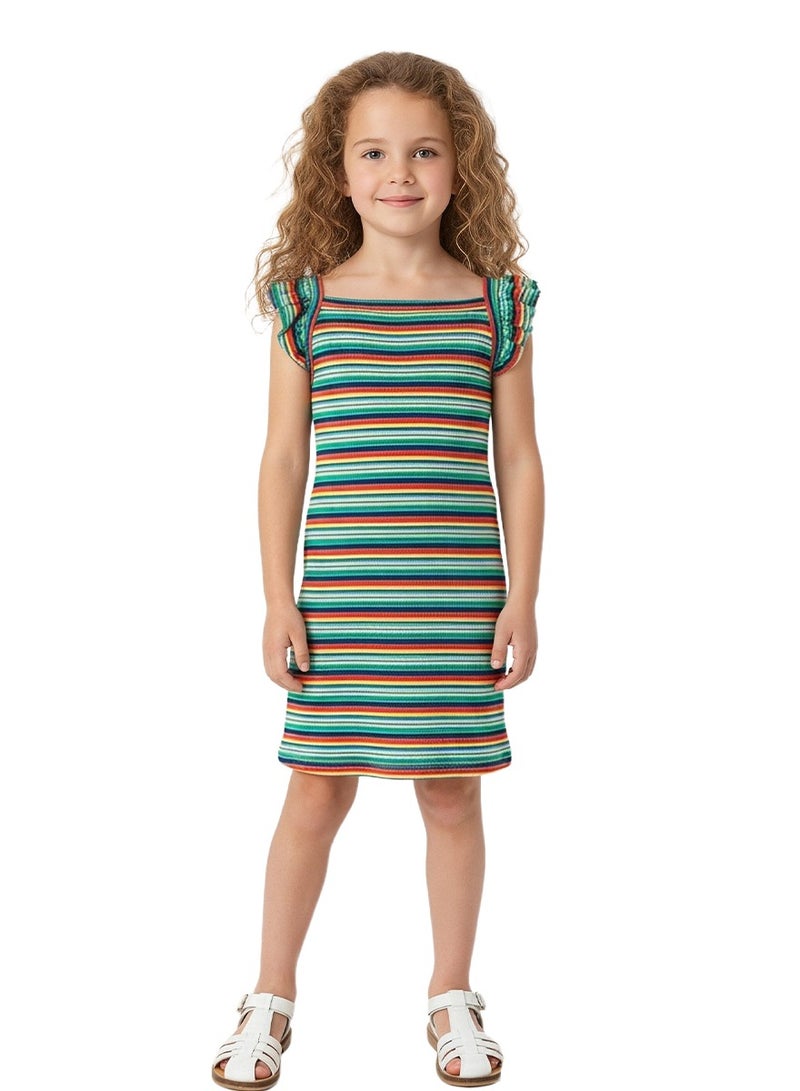 WiNi BEE Rainbow Striped Dress for Girls 2-6 Years | Ruffle Sleeve Toddler Kids Dress | Colorful Casual Sleeveless/Short Sleeve Dress - Image 1